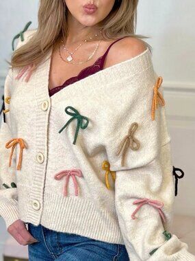 Entro Bow Detail Cardigan 🎀 | Neutral Knit w/ Colorful Bows (M)